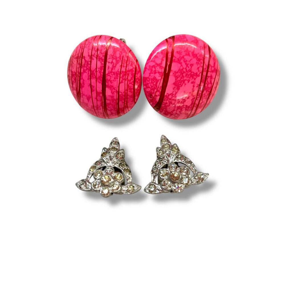 2 Pair Vintage Clip On Earrings Non-Pierced Pink‎ Dots Silvertone Rhinestone